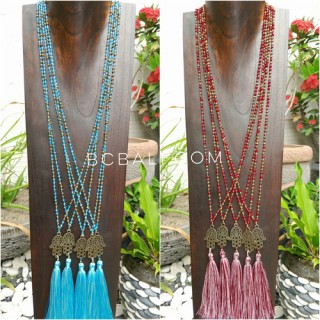 hamsa hand bronze pendant tassels necklace crystal bead 2color